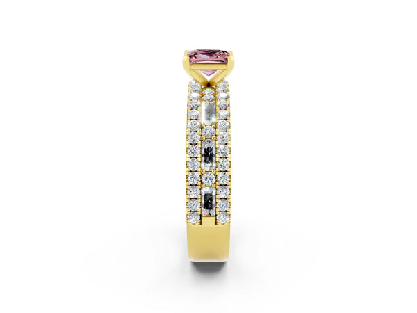 Yellow gold Princess Cut Morganite Solitaire Ring with Pavé and Channel Set Band