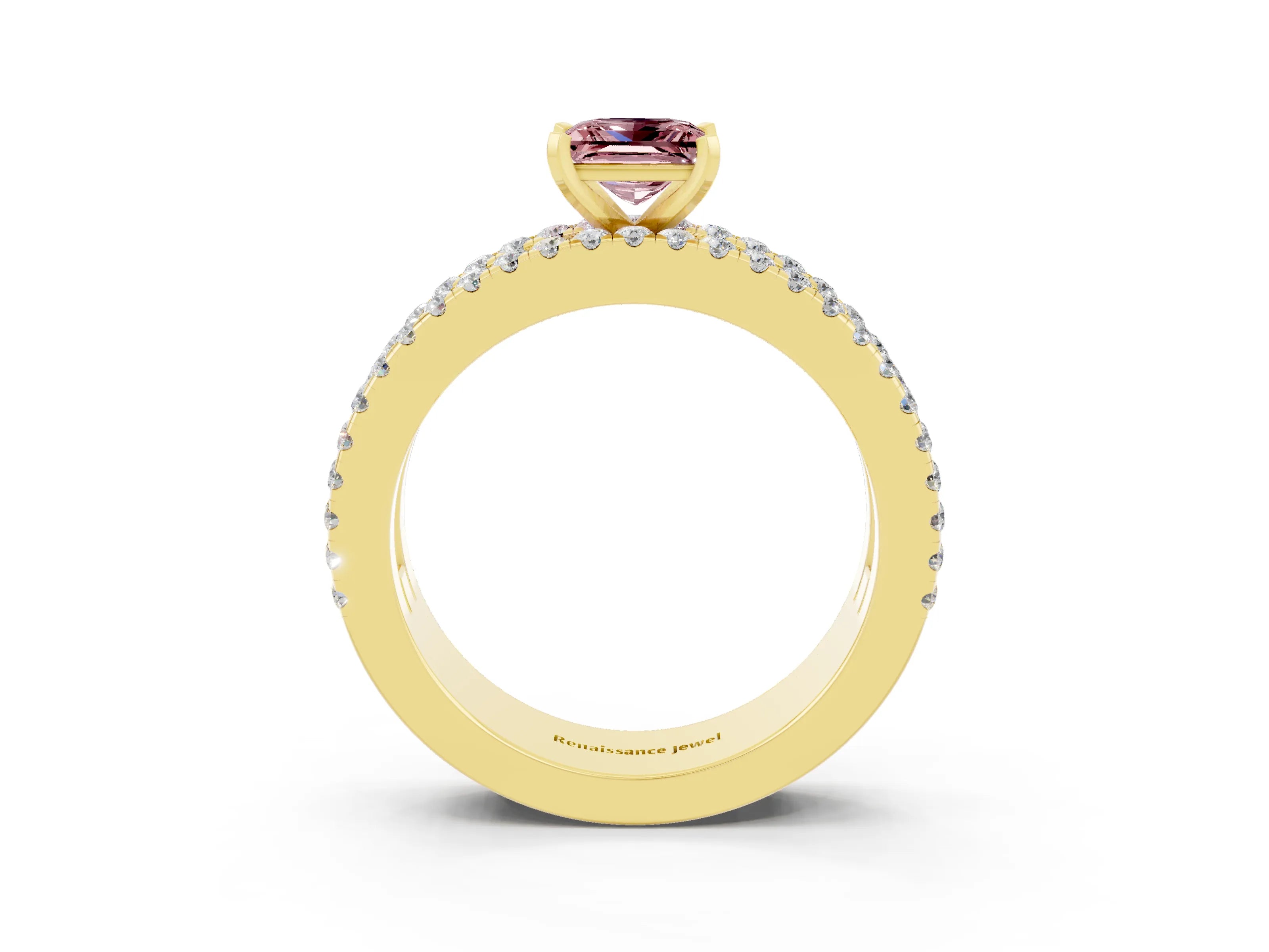 Yellow gold Princess Cut Morganite Solitaire Ring with Pavé and Channel Set Band_3