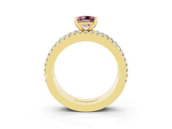 Yellow gold Princess Cut Morganite Solitaire Ring with Pavé and Channel Set Band