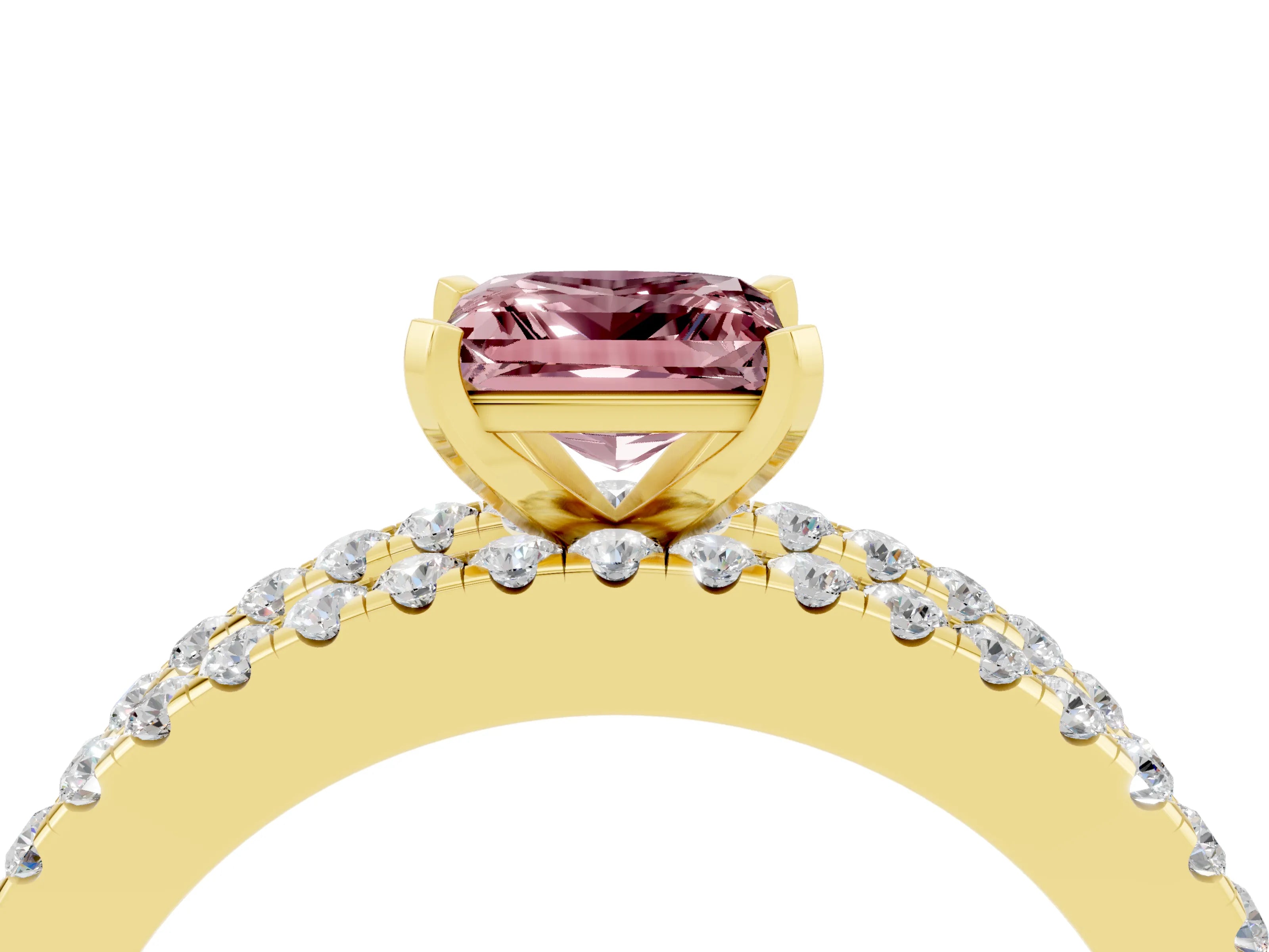 Yellow gold Princess Cut Morganite Solitaire Ring with Pavé and Channel Set Band_4
