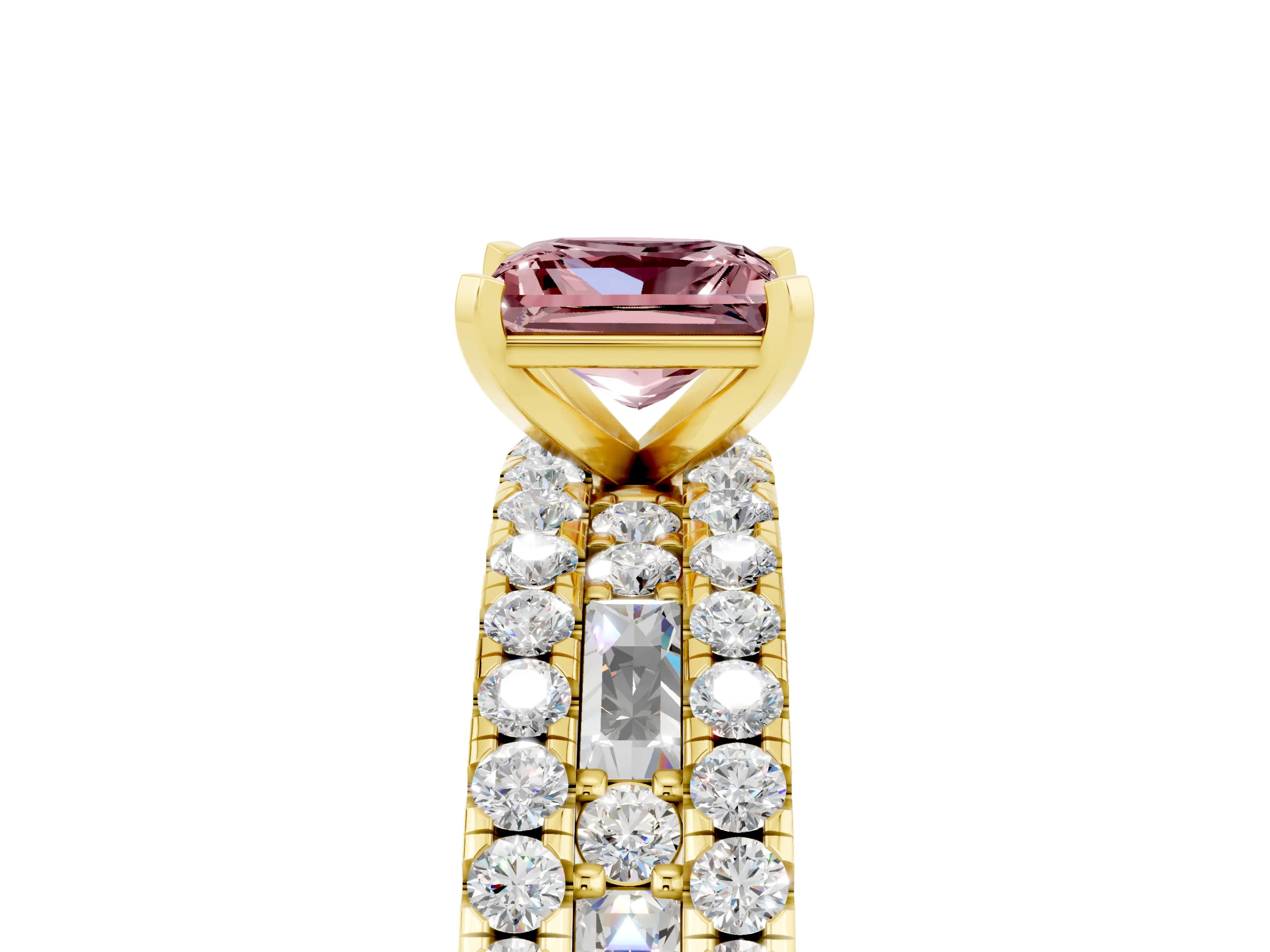 Yellow gold Princess Cut Morganite Solitaire Ring with Pavé and Channel Set Band_5