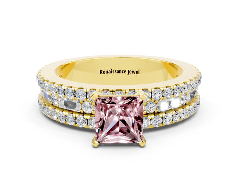 Yellow gold Princess Cut Morganite Solitaire Ring with Pavé and Channel Set Band