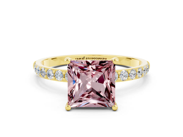 Yellow gold Princess Cut Morganite Solitaire Ring with Round  Pavé Band and Prong Setting