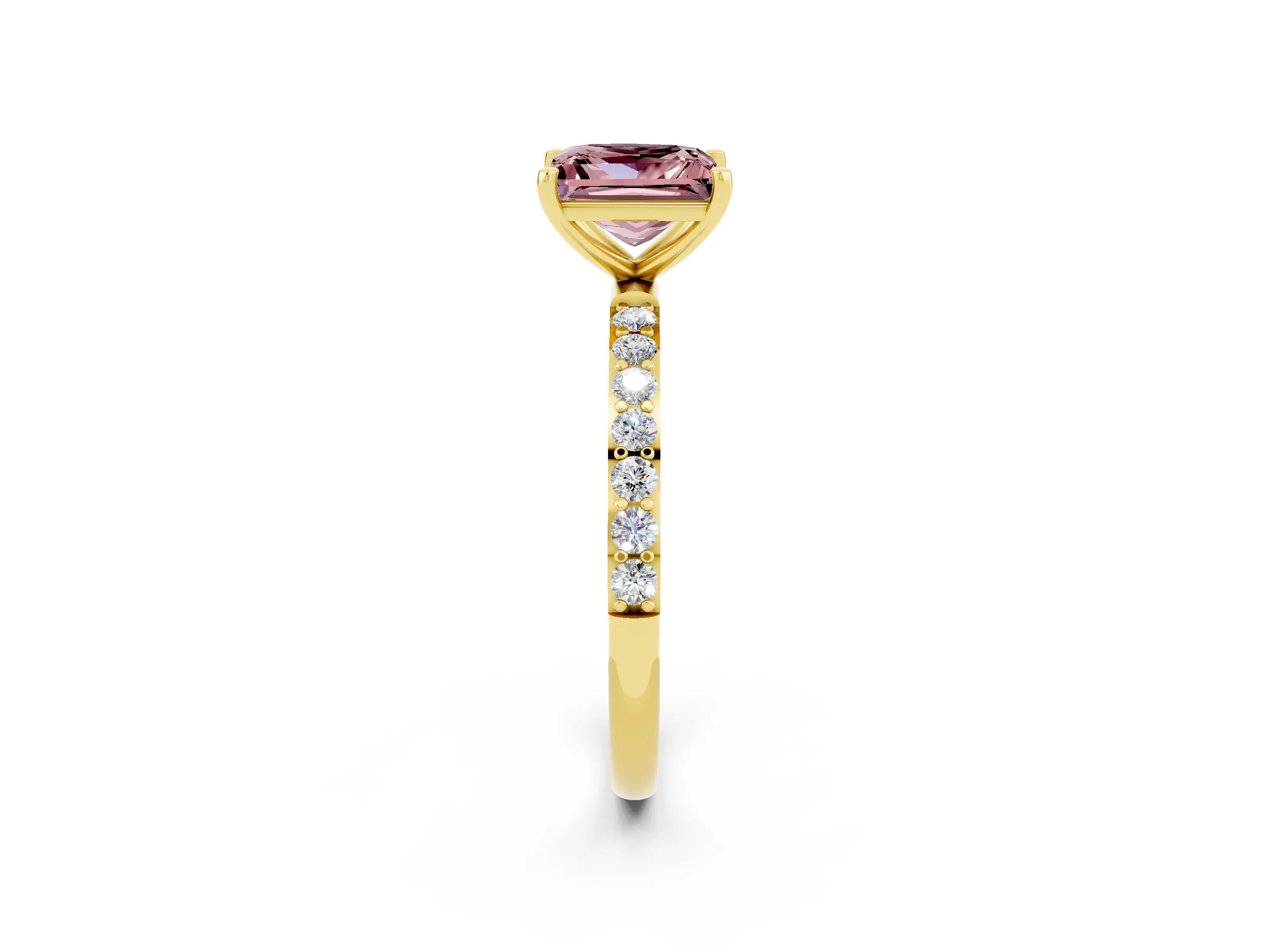 Yellow gold Princess Cut Morganite Solitaire Ring with Pave Band and Four Prong Setting_26