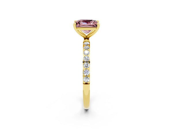 Yellow gold Princess Cut Morganite Solitaire Ring with Round  Pavé Band and Prong Setting