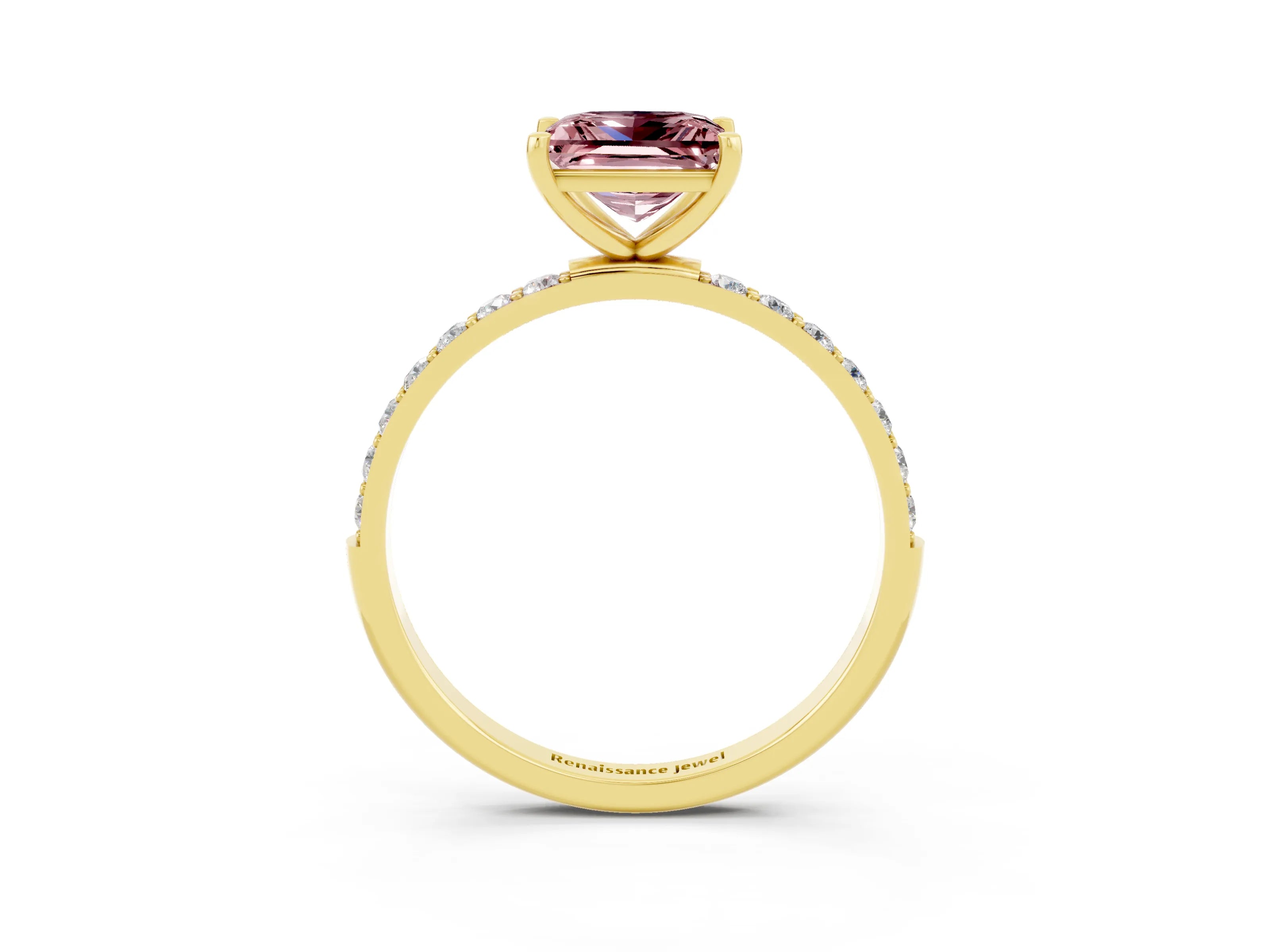 Yellow gold Princess Cut Morganite Solitaire Ring with Pave Band and Four Prong Setting_27