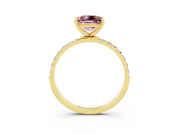 Yellow gold Princess Cut Morganite Solitaire Ring with Round  Pavé Band and Prong Setting