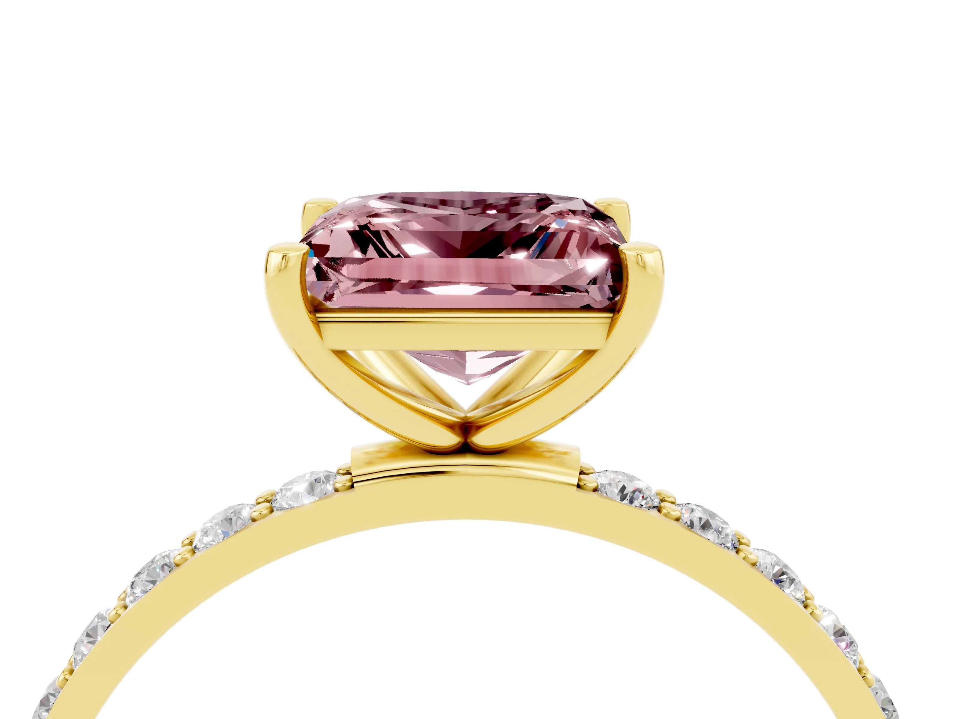 Yellow gold Princess Cut Morganite Solitaire Ring with Pave Band and Four Prong Setting_28