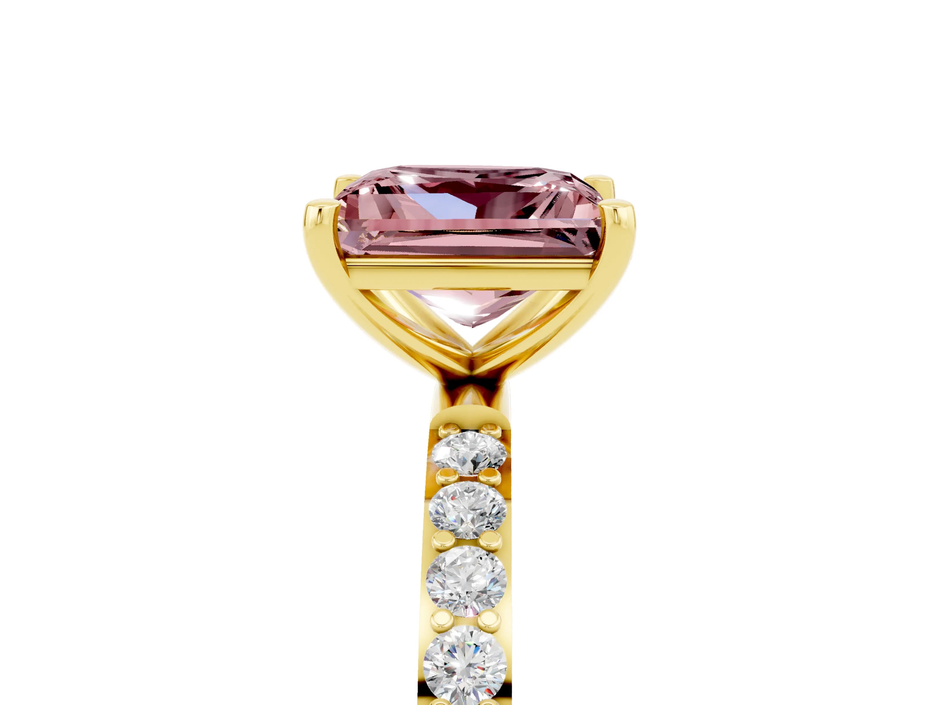 Yellow gold Princess Cut Morganite Solitaire Ring with Pave Band and Four Prong Setting_29