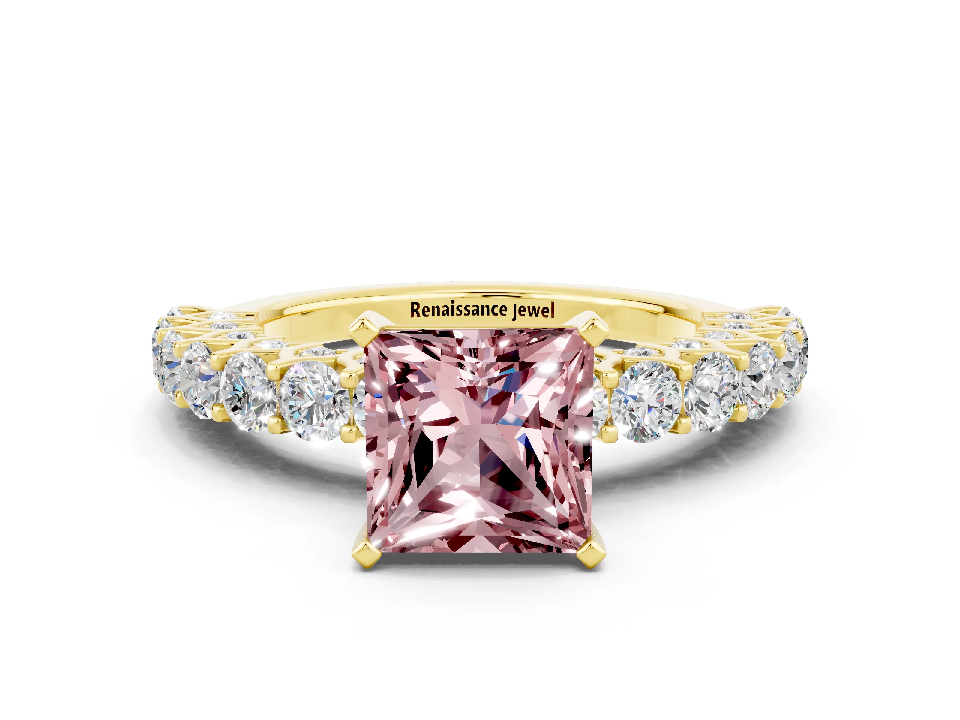 Yellow gold Princess Cut Morganite Solitaire Ring with Shared Prong Pavé Band and Four-Prong Setting