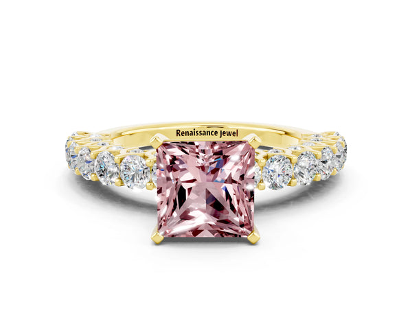 Yellow gold Princess Cut Morganite Solitaire Ring with Shared Prong Pavé Band and Four-Prong Setting