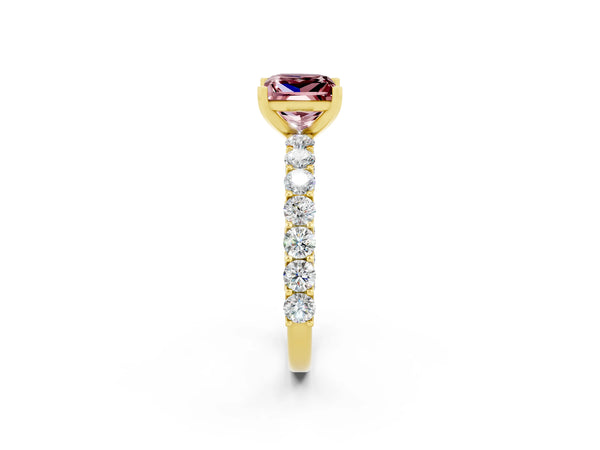 Yellow gold Princess Cut Morganite Solitaire Ring with Shared Prong Pavé Band and Four-Prong Setting