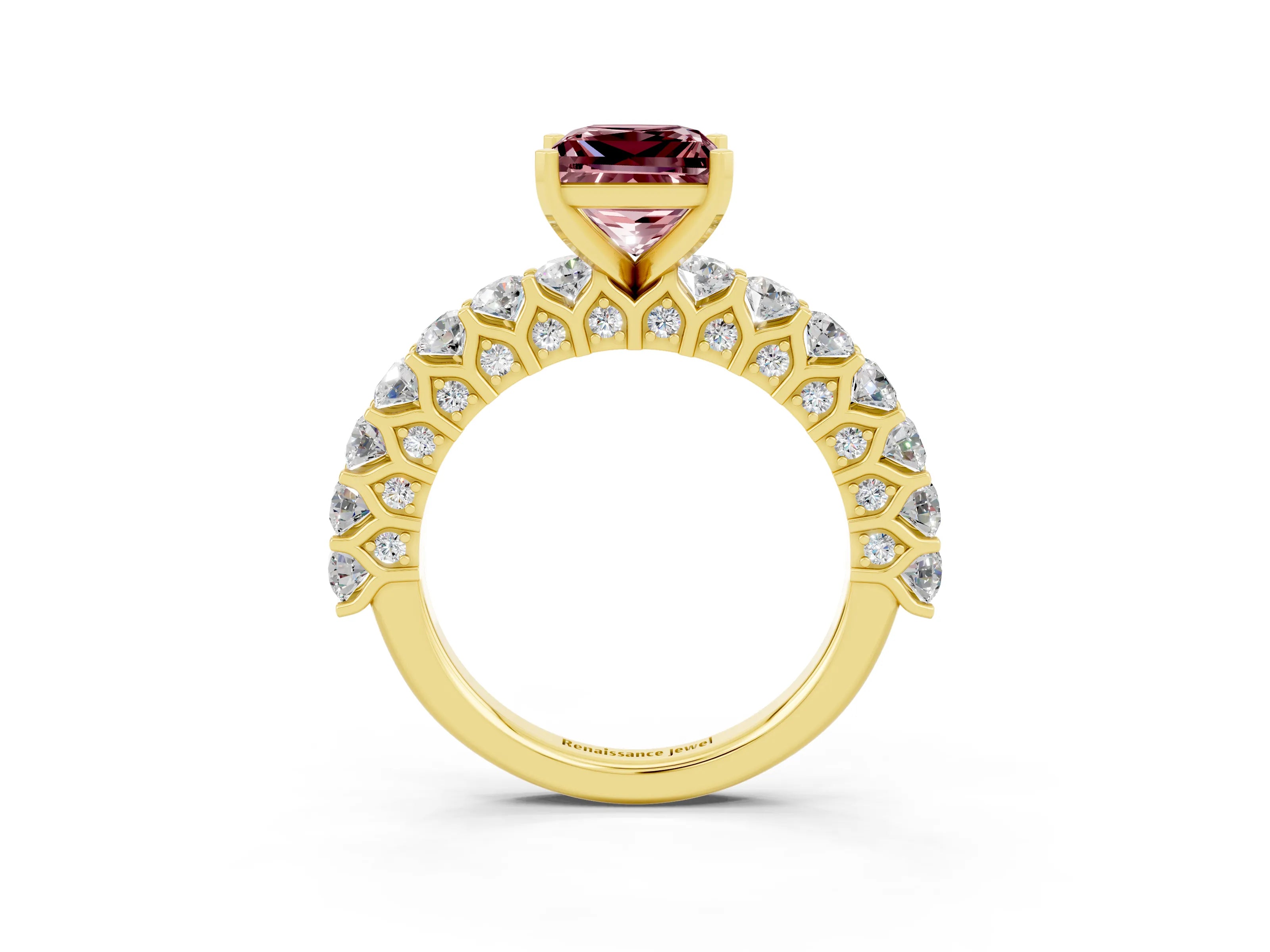 Yellow gold Princess Cut Morganite Solitaire Ring with Shared Prong Pavé Band and Four-Prong Setting_3
