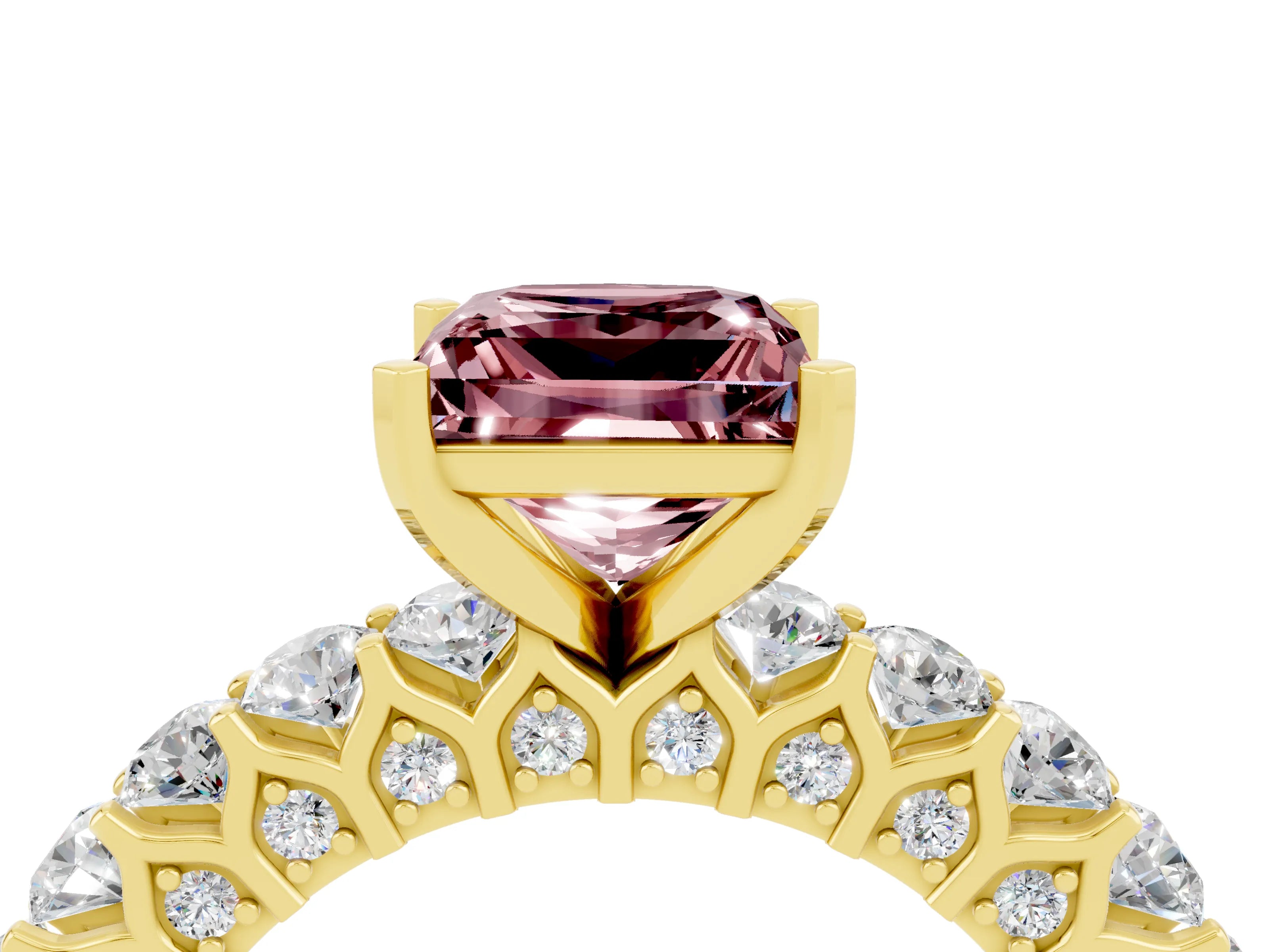 Yellow gold Princess Cut Morganite Solitaire Ring with Shared Prong Pavé Band and Four-Prong Setting_4