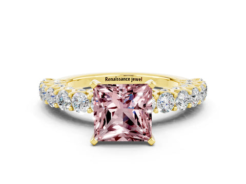 Yellow gold Princess Cut Morganite Solitaire Ring with Shared Prong Pavé Band and Four-Prong Setting