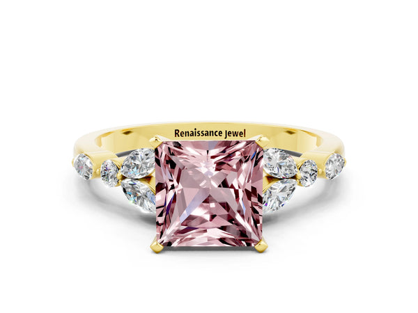 Yellow gold Princess Cut Morganite Solitaire Ring with Side Stones and Four-Prong Setting