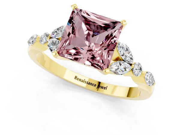 Yellow gold Princess Cut Morganite Solitaire Ring with Side Stones and Four-Prong Setting