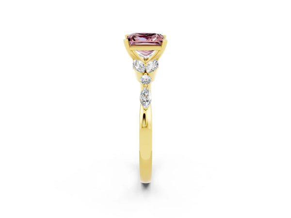 Yellow gold Princess Cut Morganite Solitaire Ring with Side Stones and Four-Prong Setting