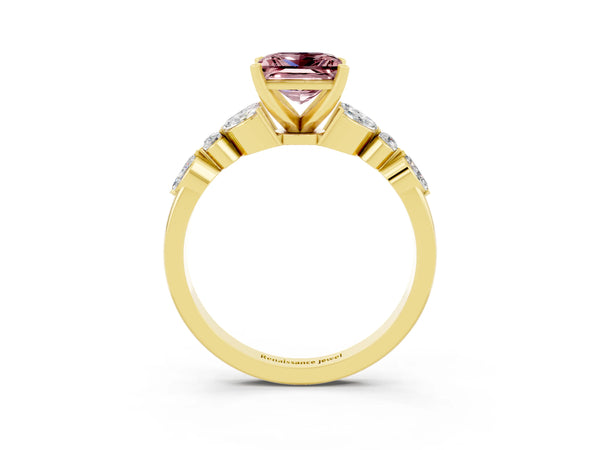 Yellow gold Princess Cut Morganite Solitaire Ring with Side Stones and Four-Prong Setting