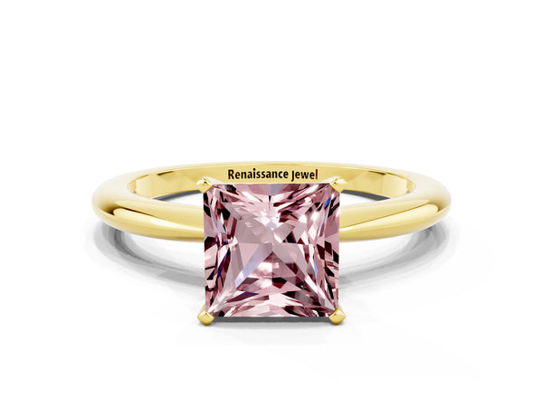 Yellow gold Princess Cut Morganite Solitaire Ring with Six-Prong Setting and Classic Band