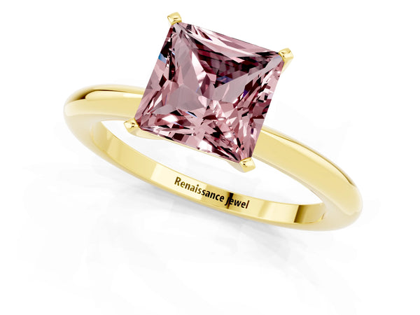 Yellow gold Princess Cut Morganite Solitaire Ring with Six-Prong Setting and Classic Band