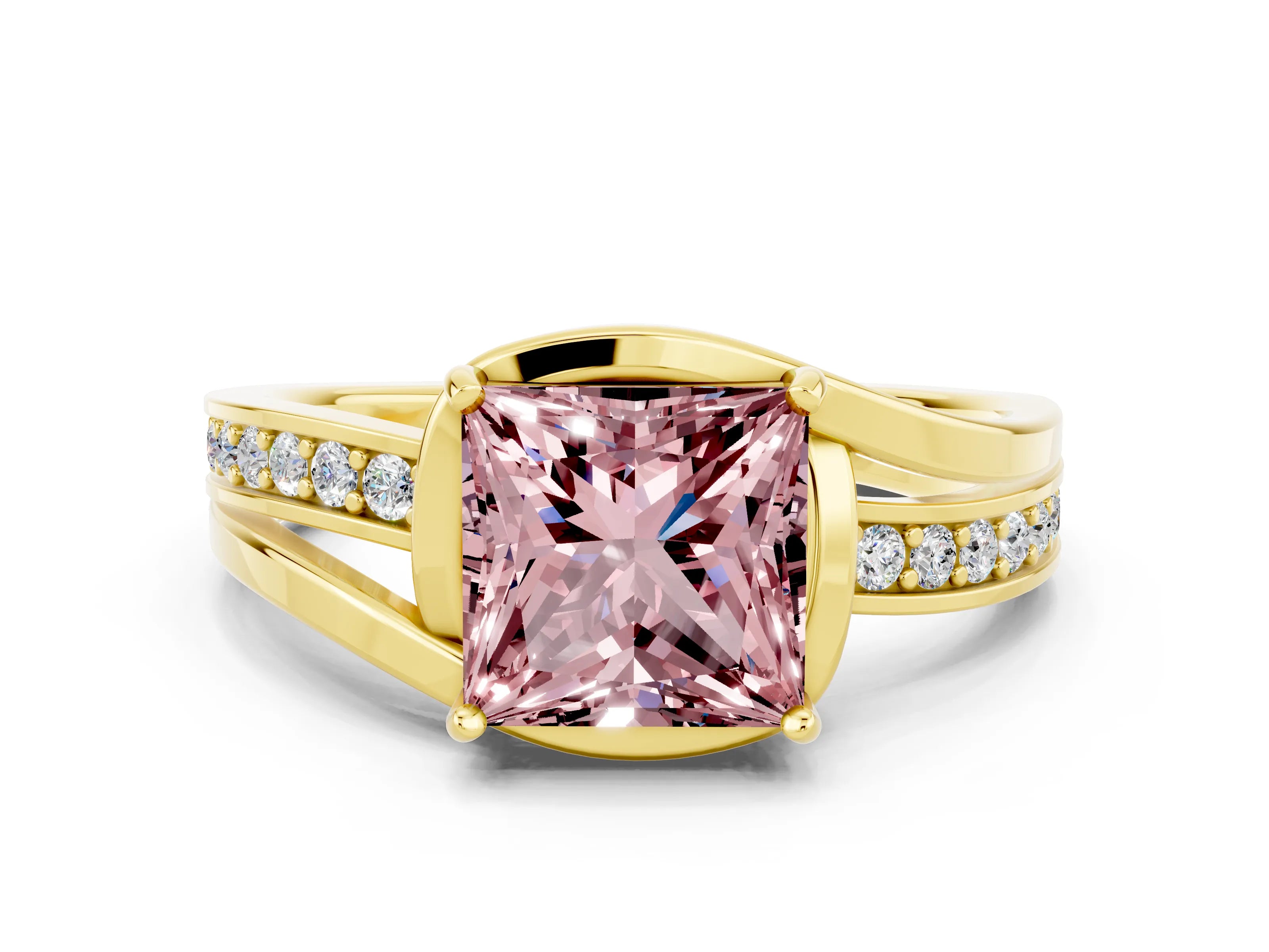 Yellow gold Princess Cut Morganite Solitaire Ring with Split Shank and Prong Setting