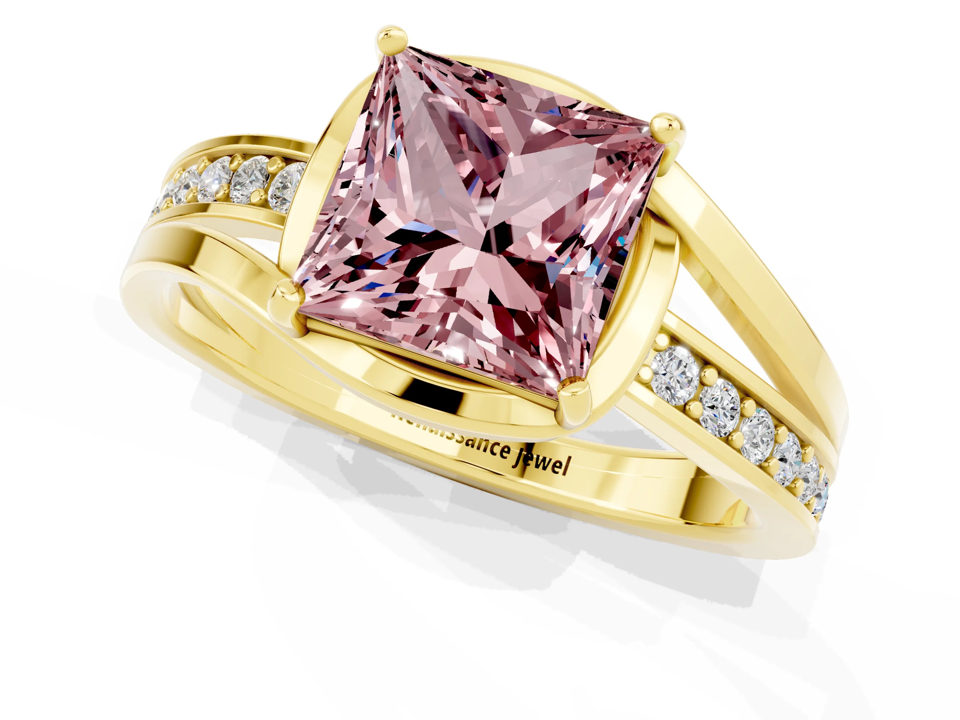 Yellow gold Princess Cut Morganite Solitaire Ring with Split Shank and Prong Setting_1