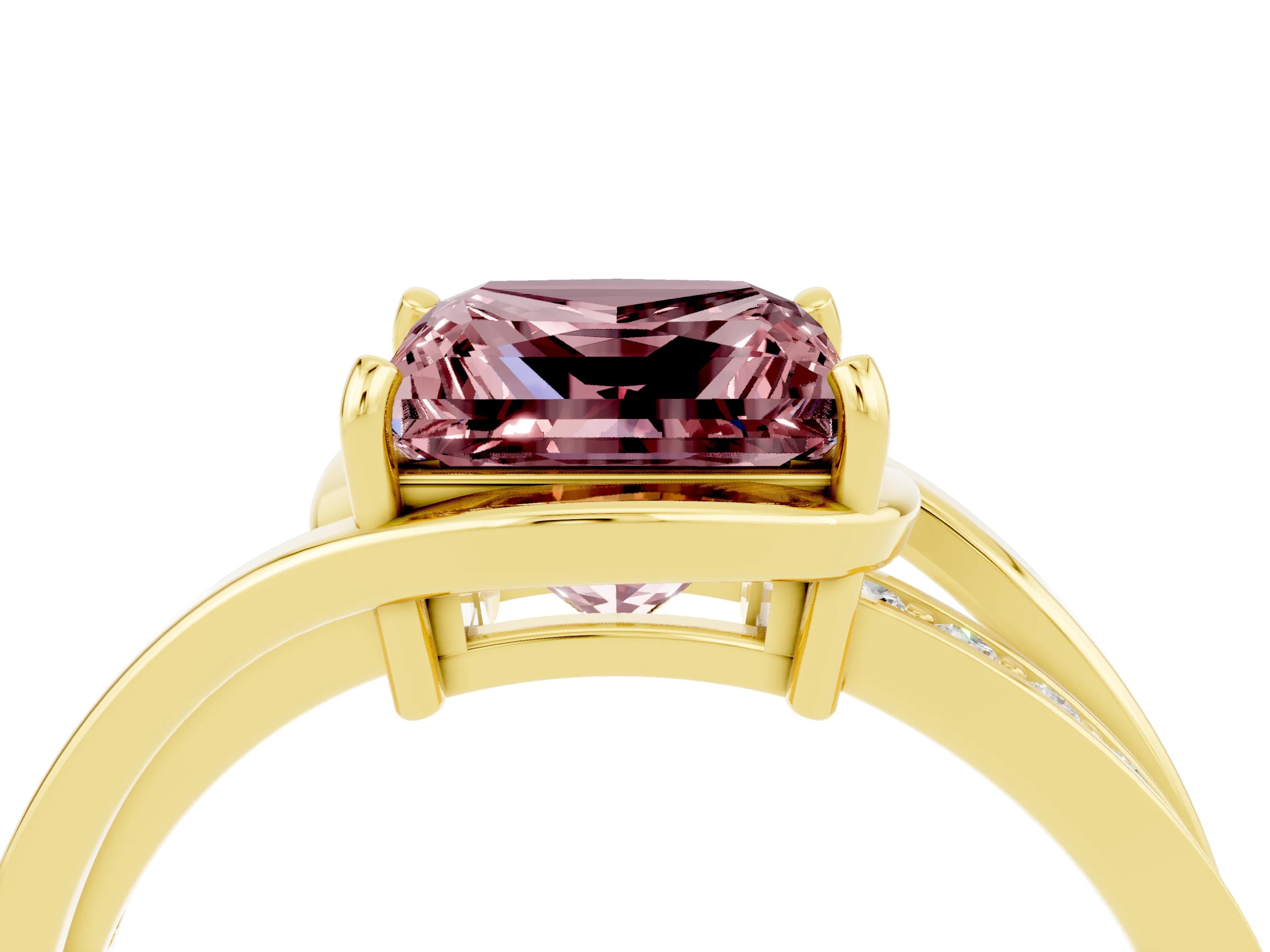 Yellow gold Princess Cut Morganite Solitaire Ring with Split Shank and Prong Setting_4