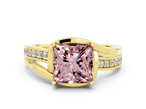Yellow gold Princess Cut Morganite Solitaire Ring with Split Shank and Prong Setting