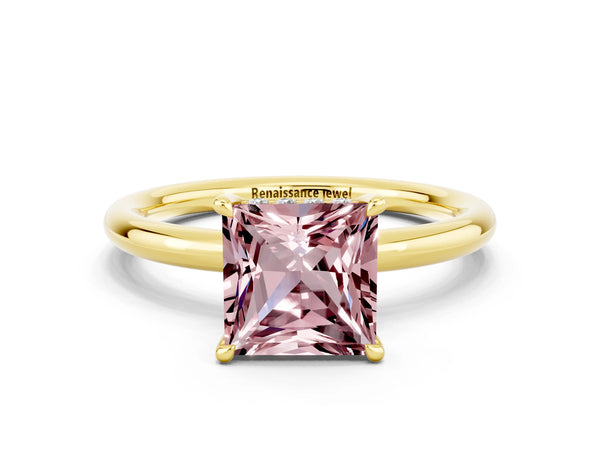 Yellow gold Princess Cut Morganite Solitaire Ring with Thin Band and Four-Prong Setting