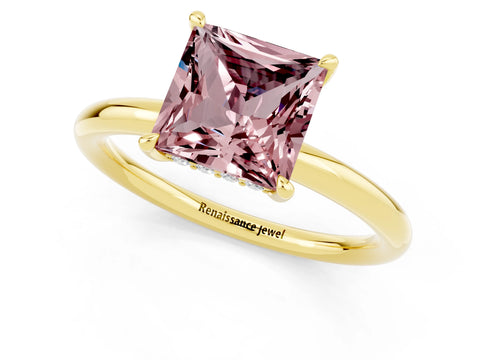 Yellow gold Princess Cut Morganite Solitaire Ring with Thin Band and Four-Prong Setting_1