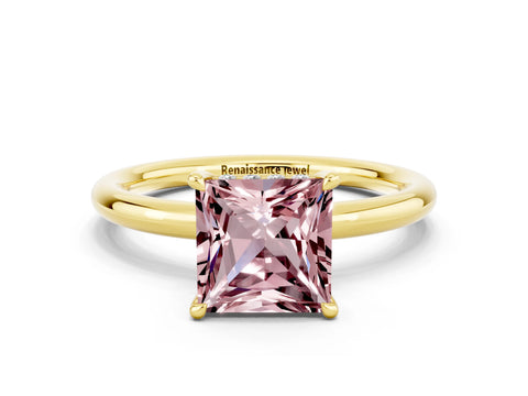 Yellow gold Princess Cut Morganite Solitaire Ring with Thin Band and Four-Prong Setting