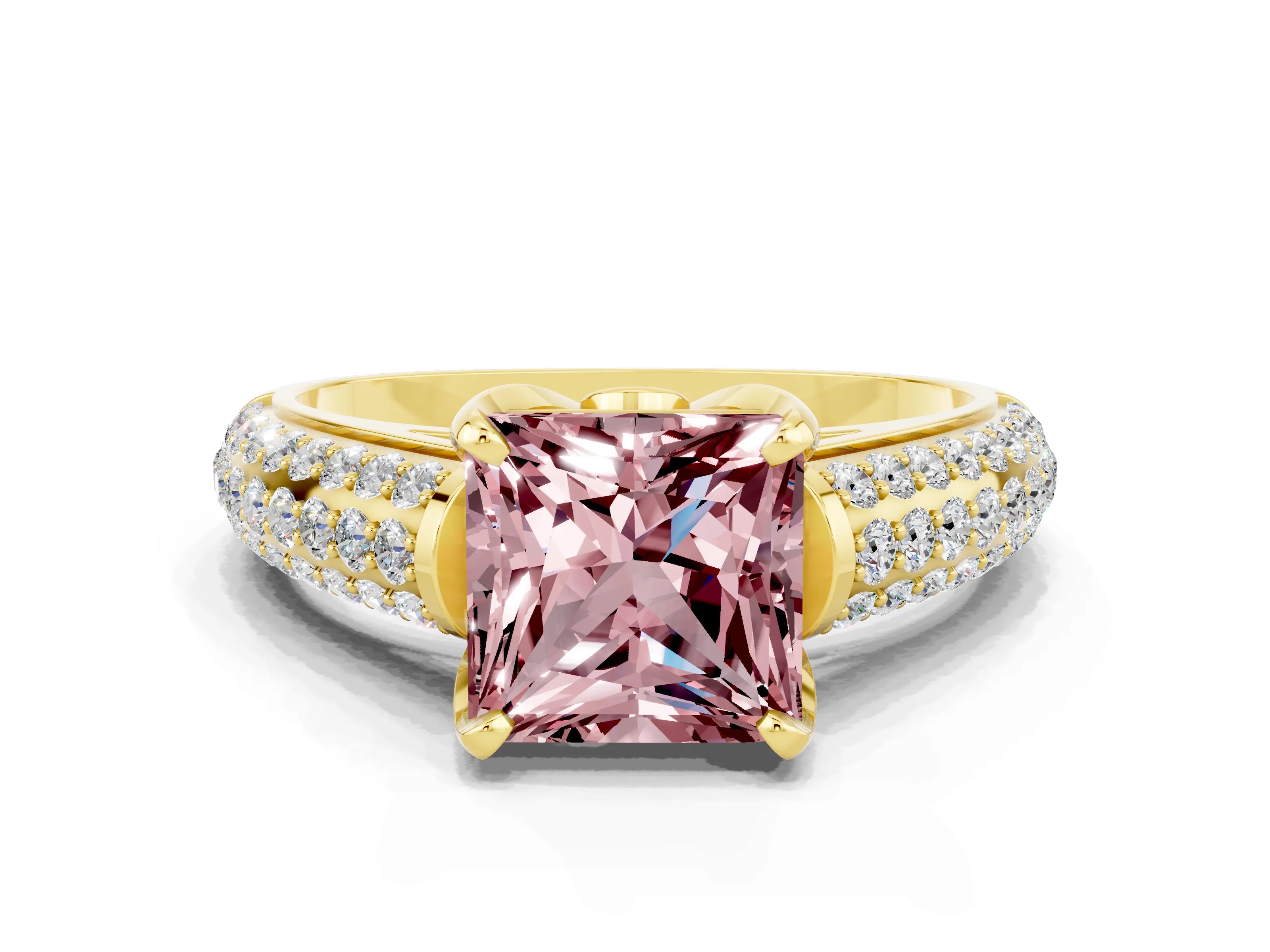 Yellow gold Princess Cut Morganite Solitaire Ring with Three-Row Pavé Band and Four-Prong Setting_12