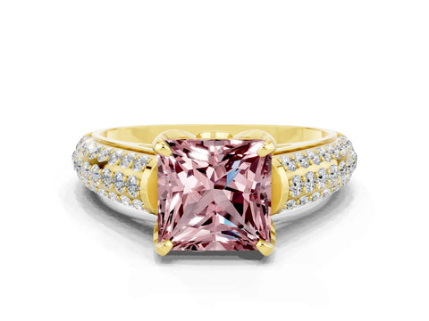 Yellow gold Princess Cut Morganite Solitaire Ring with Three-Row Pavé Band and Four-Prong Setting_12
