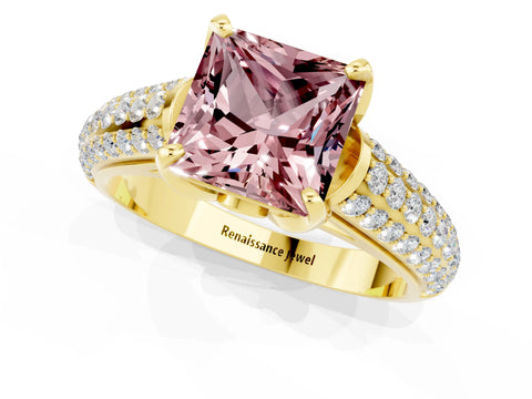 Yellow gold Princess Cut Morganite Solitaire Ring with Three-Row Pavé Band and Four-Prong Setting_13