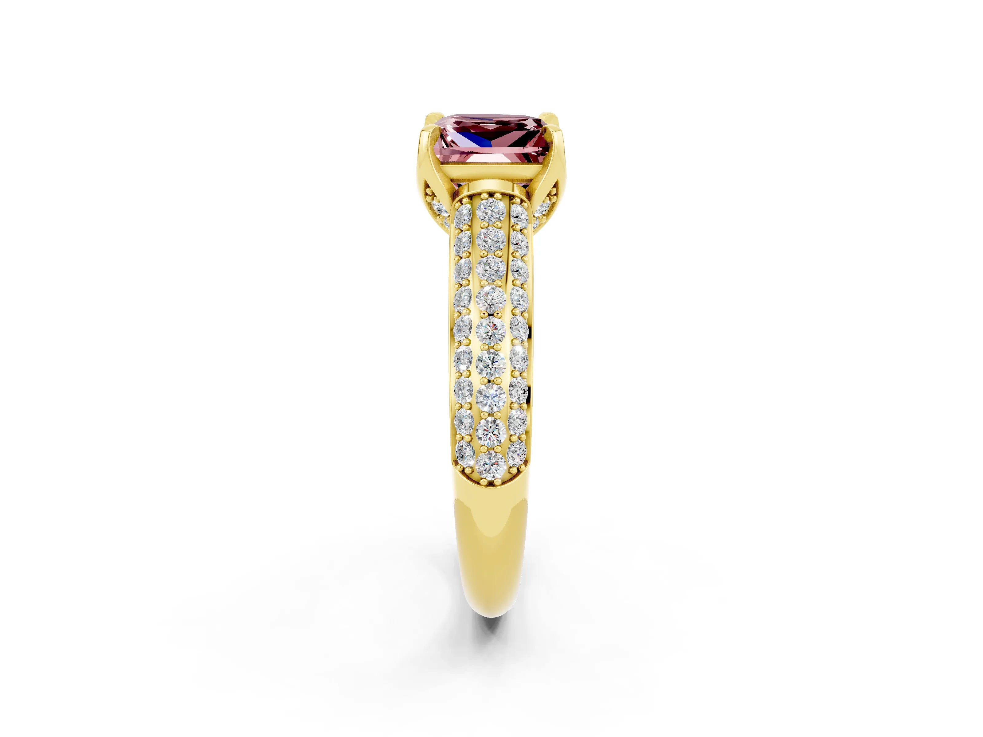 Yellow gold Princess Cut Morganite Solitaire Ring with Three-Row Pavé Band and Four-Prong Setting_14