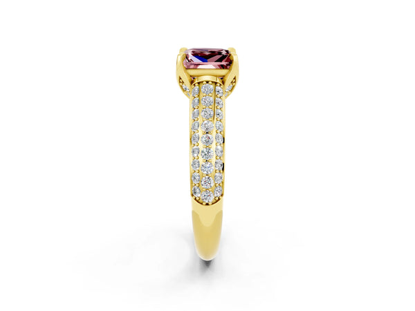 Yellow gold Princess Cut Morganite Solitaire Ring with Three-Row Pavé Band and Four-Prong Setting