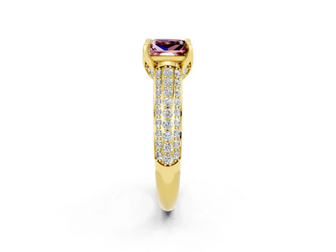 Yellow gold Princess Cut Morganite Solitaire Ring with Three-Row Pavé Band and Four-Prong Setting_14