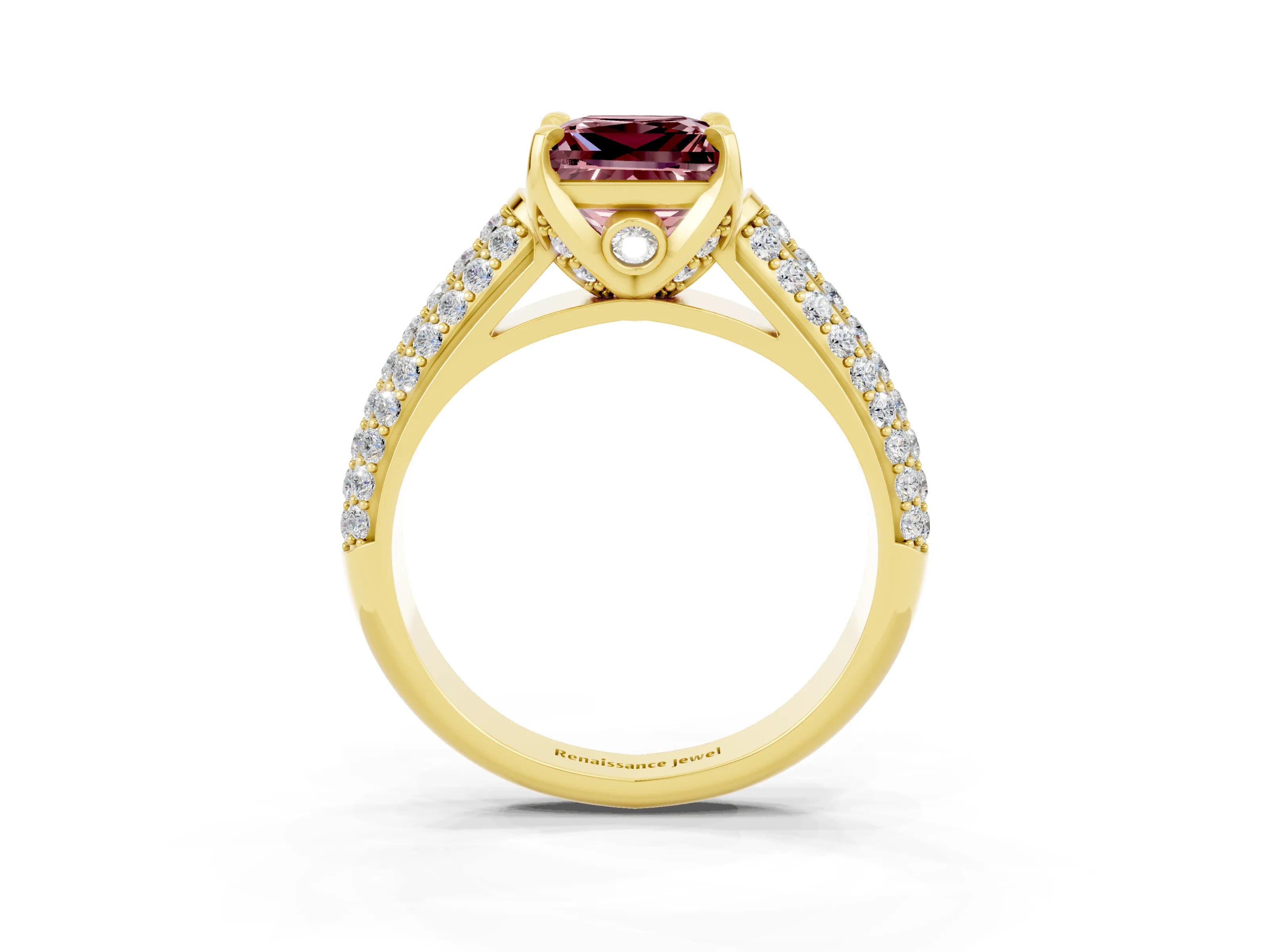 Yellow gold Princess Cut Morganite Solitaire Ring with Three-Row Pavé Band and Four-Prong Setting_15