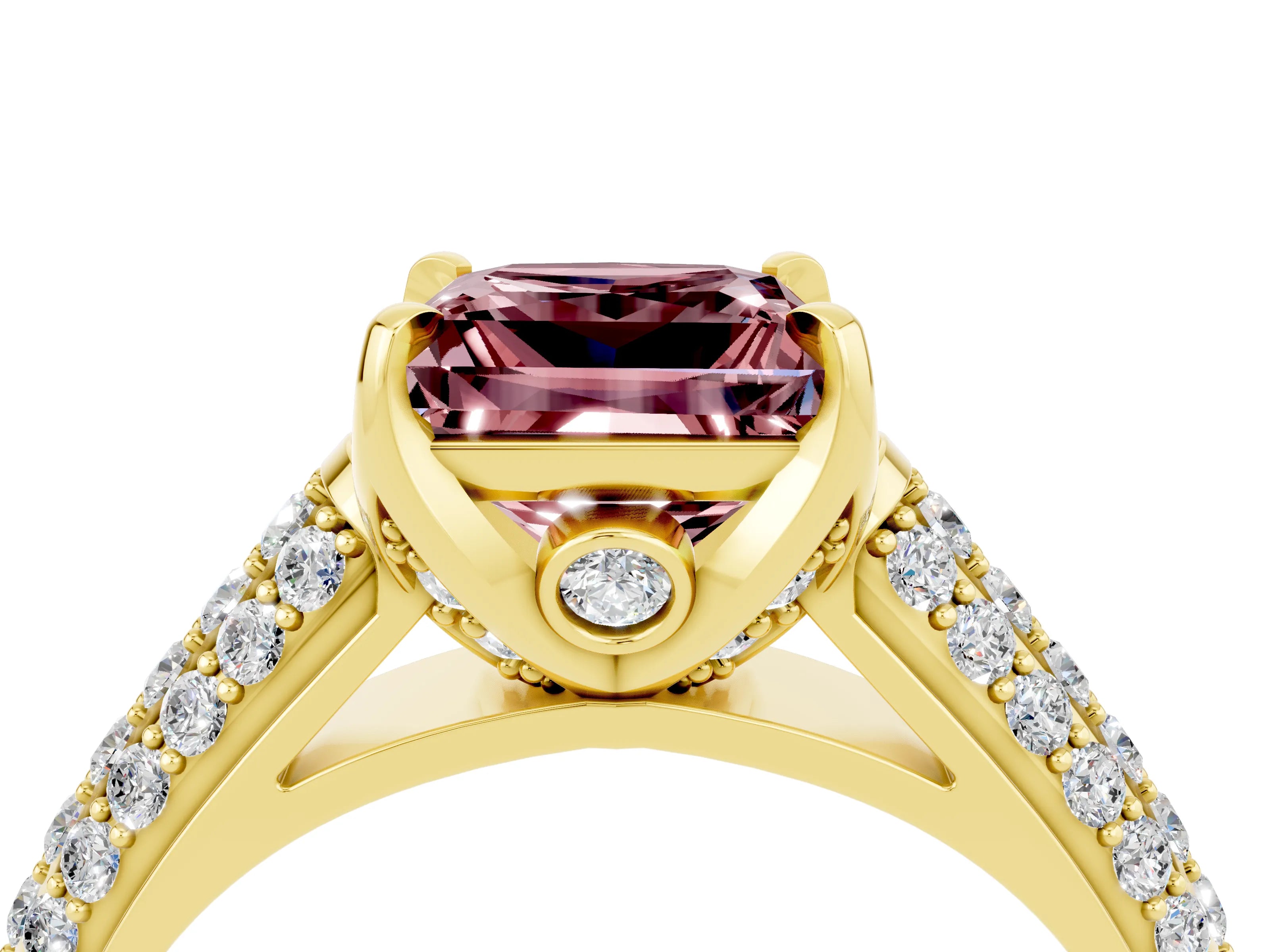 Yellow gold Princess Cut Morganite Solitaire Ring with Three-Row Pavé Band and Four-Prong Setting_16