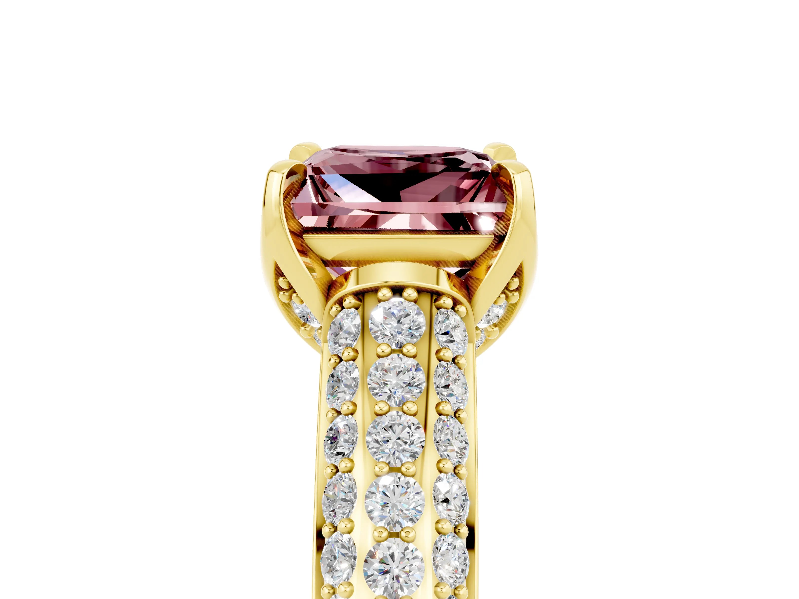 Yellow gold Princess Cut Morganite Solitaire Ring with Three-Row Pavé Band and Four-Prong Setting_17
