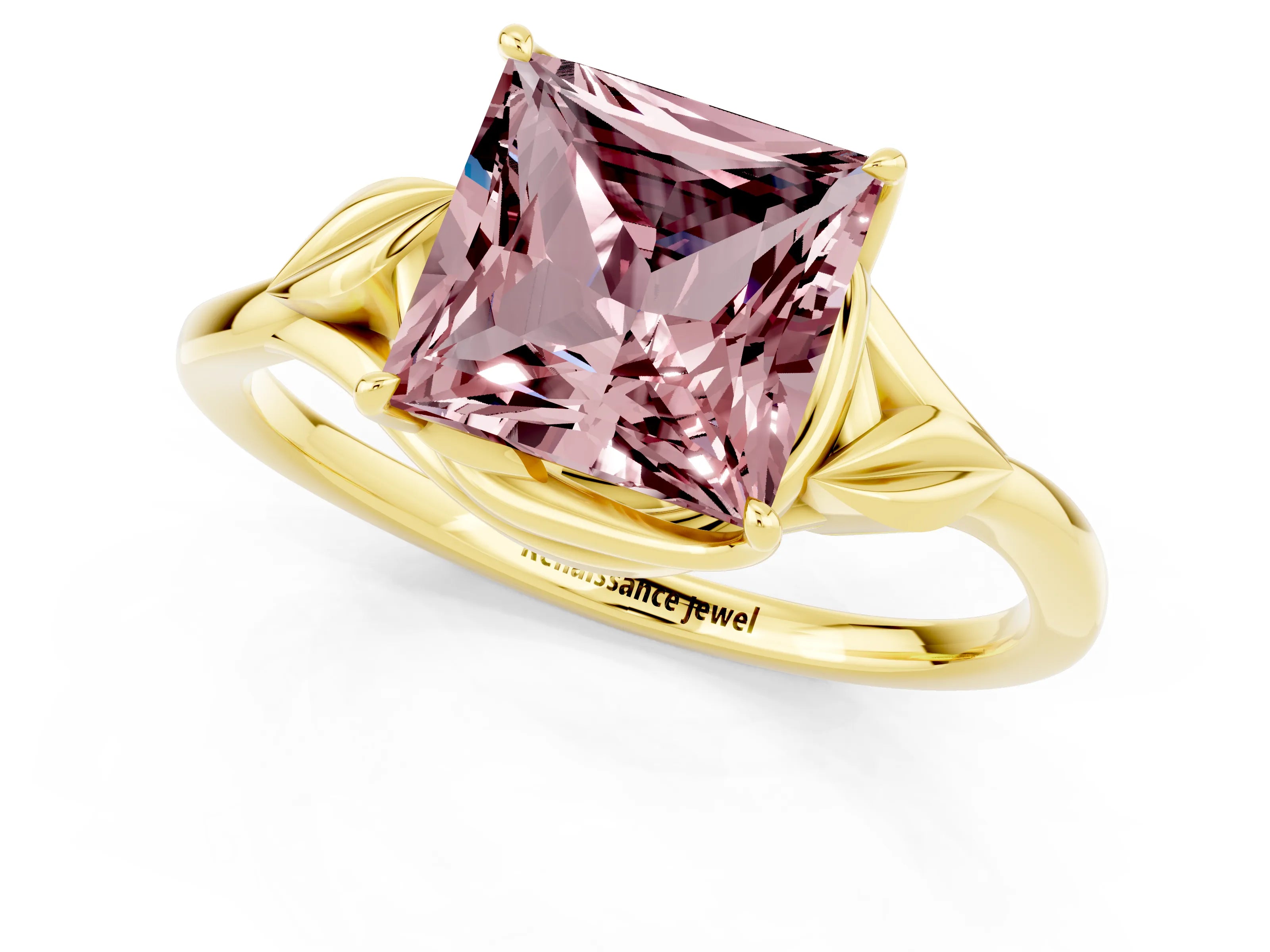 Yellow gold Princess Cut Morganite Solitaire Ring with Twist Band and Four-Prong Setting_25