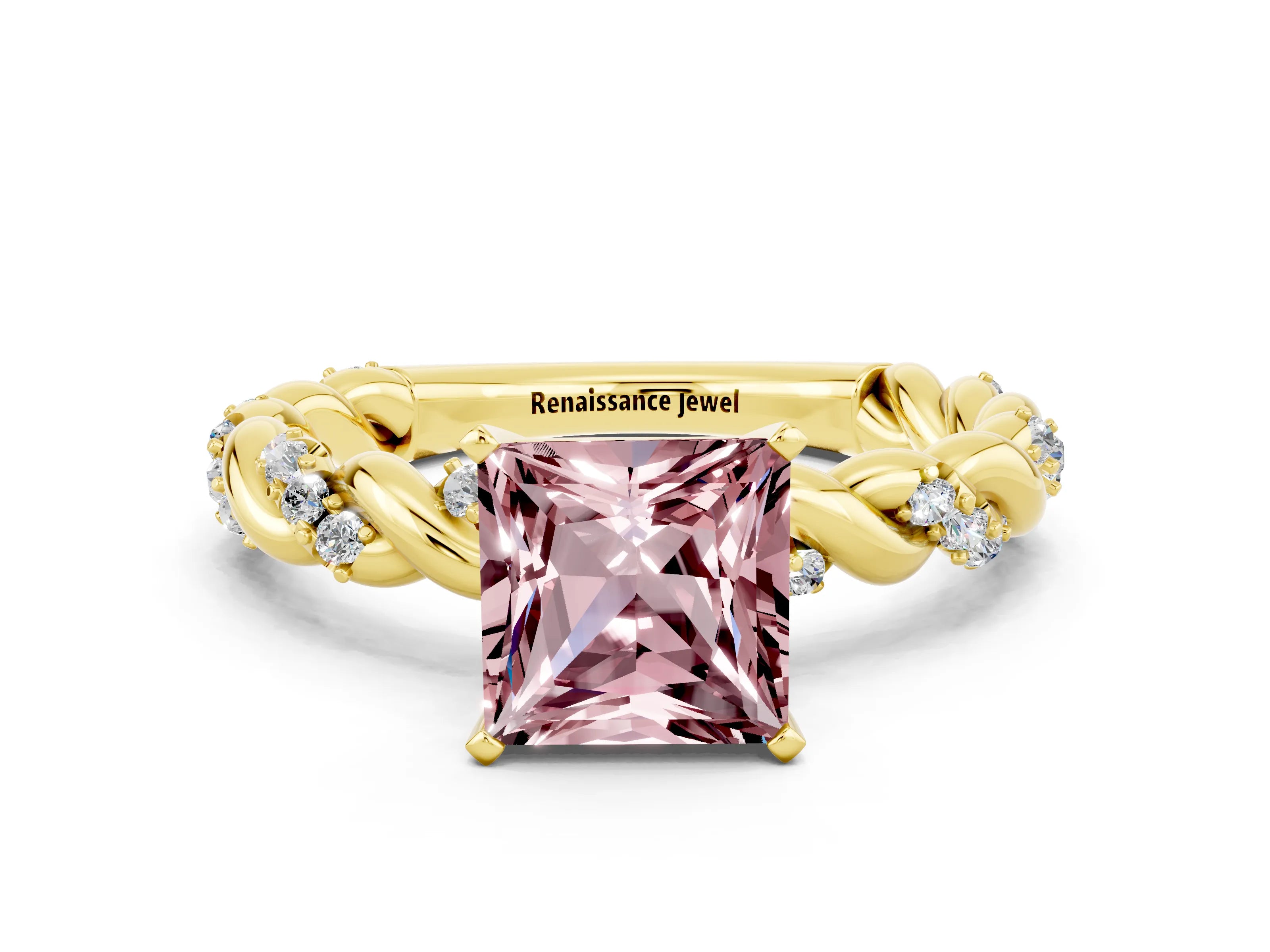 Yellow gold Princess Cut Morganite Solitaire Ring with Twisted Band and Pavé Accents