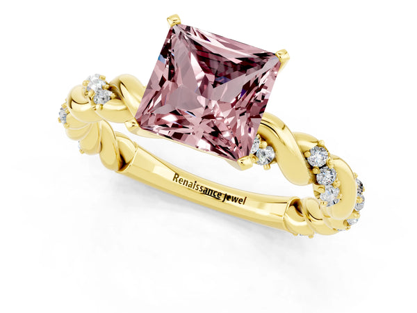 Yellow gold Princess Cut Morganite Solitaire Ring with Twisted Band and Pavé Accents