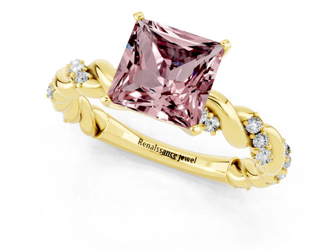 Yellow gold Princess Cut Morganite Solitaire Ring with Twisted Band and Pavé Accents_1
