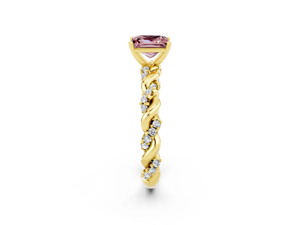 Yellow gold Princess Cut Morganite Solitaire Ring with Twisted Band and Pavé Accents