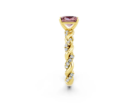 Yellow gold Princess Cut Morganite Solitaire Ring with Twisted Band and Pavé Accents_2