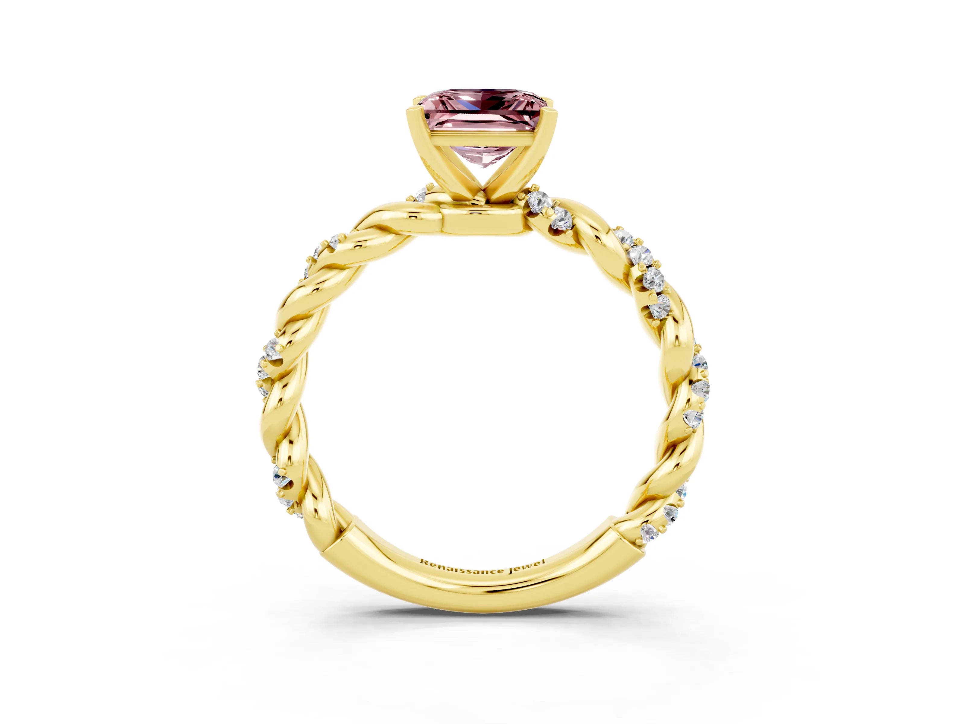 Yellow gold Princess Cut Morganite Solitaire Ring with Twisted Band and Pavé Accents_3