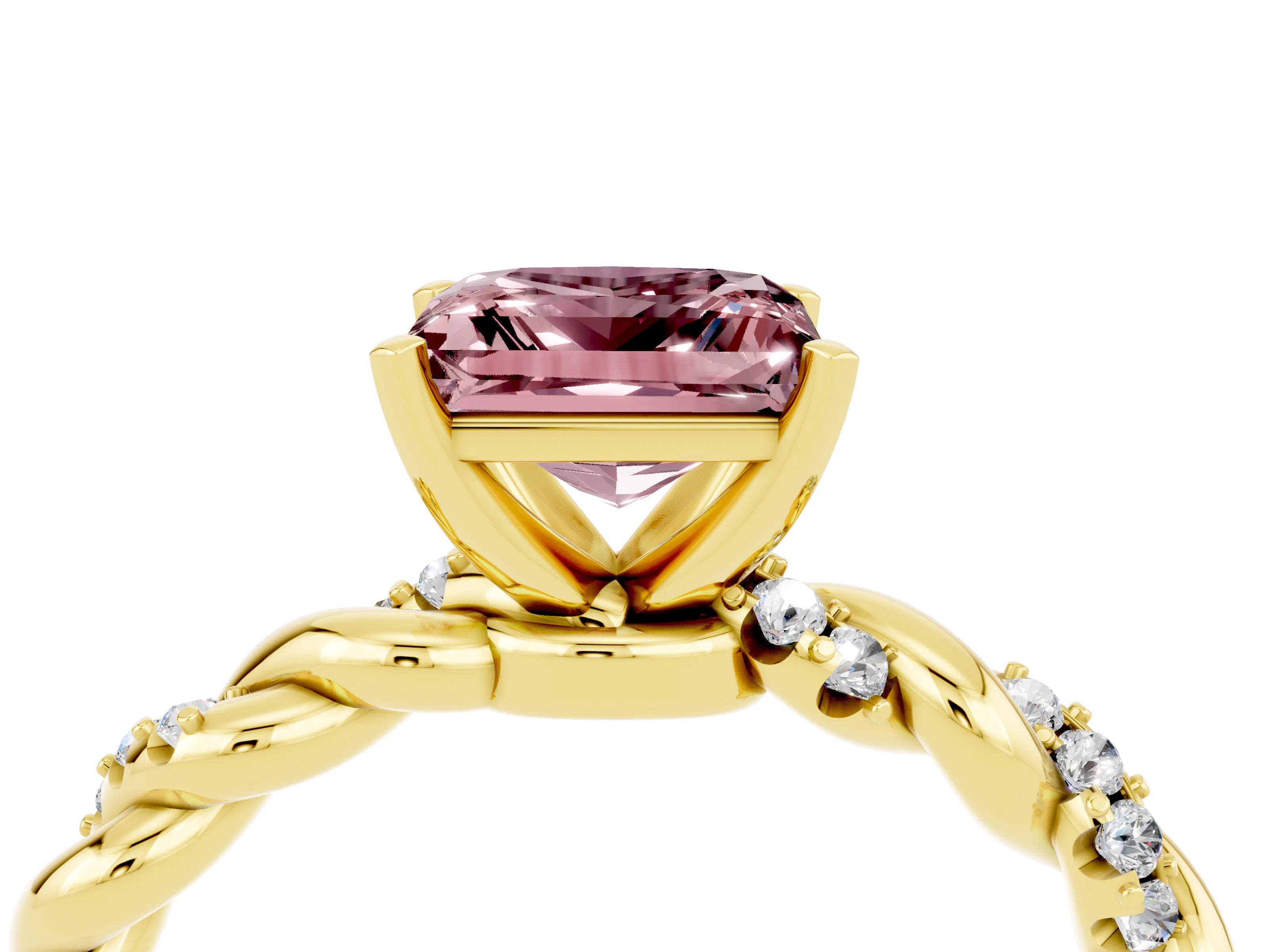 Yellow gold Princess Cut Morganite Solitaire Ring with Twisted Band and Pavé Accents_4