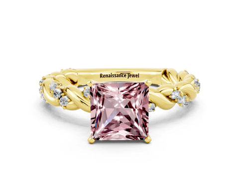 Yellow gold Princess Cut Morganite Solitaire Ring with Twisted Band and Pavé Accents